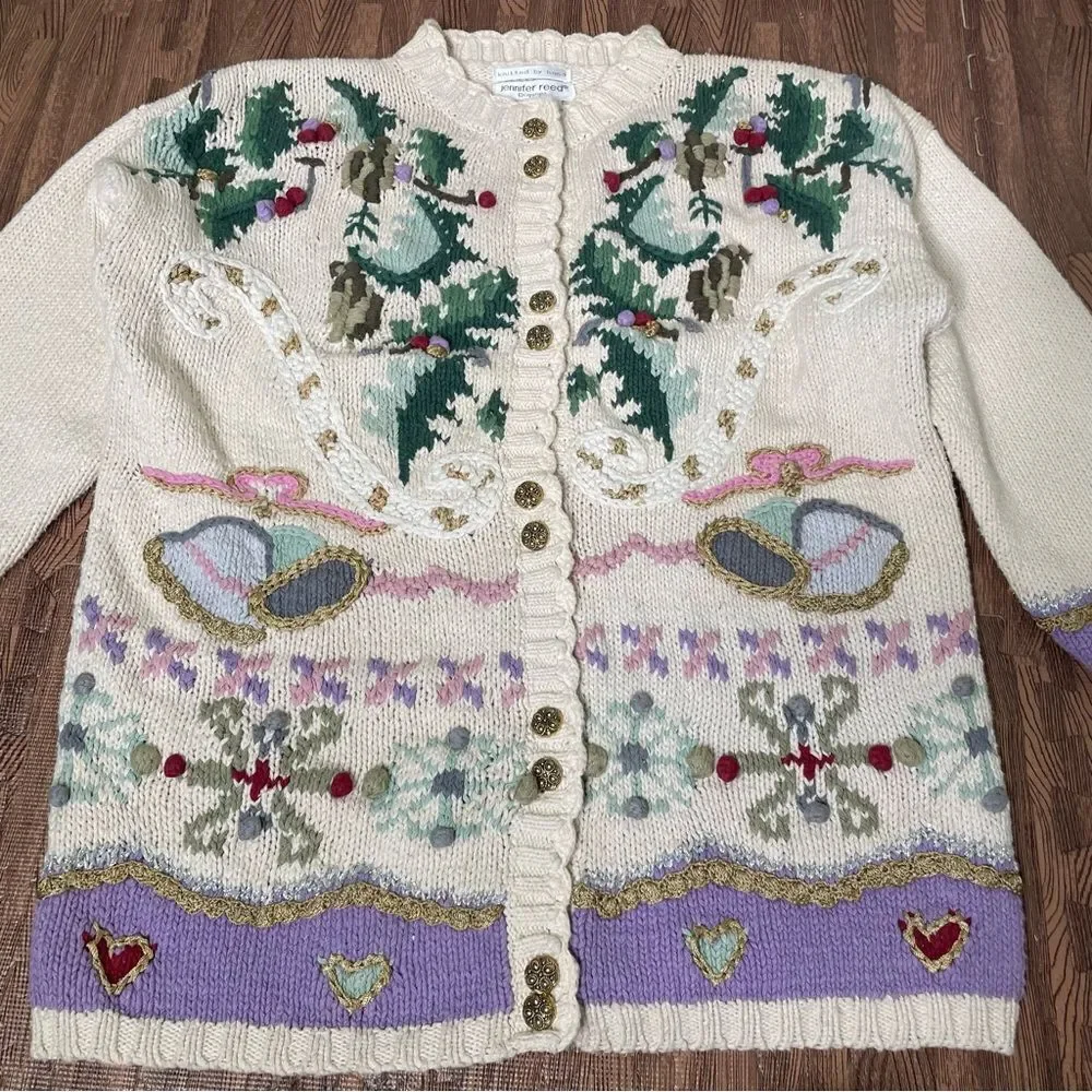 Vintage Jennifer Reed Hand Knit Christmas Grandma Cardigan Sweater‎ Women’s M